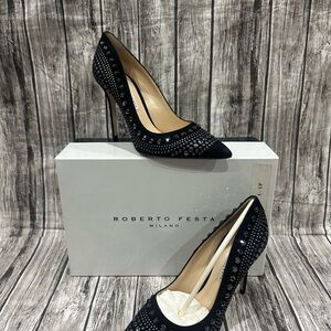 Roberto Festa Black Suede Studded Pointed Toe Pumps Size EUR 38